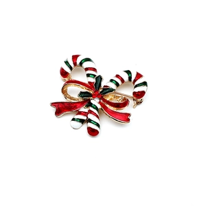 Broche canne de Noël avec nœud rouge et strass en émail rouge vert et blanc