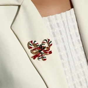 Broche Sucre d'Orge Nœud Papillon de Noël Alliage Émail Strass Festif Xmas Broche Épingle pour Femmes Fête Bijoux Cadeau