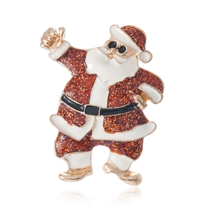 Weihnachtsmann-Brosche mit Sonnenbrille und rotem Glitzer auf goldenem Metallsockel