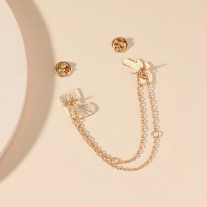 Minimalist gold alloy double chain brooch with parallel metallic layers and butterfly clasps