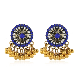 Bohemian vintage round turquoise stud earrings with gold alloy tassels and blue crystals
