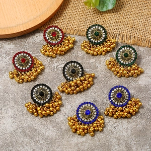 Bohemian vintage round turquoise tassel earrings with zinc alloy and retro carving detail