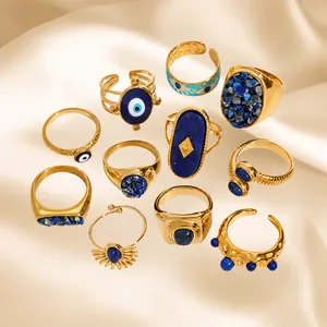 Bohemian Stainless Steel Rings For Women Lapis Lazuli Look Evil Eye Sun Vintage Gold Jewelry Waterproof Finger Ring