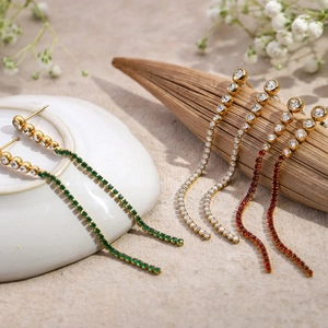 Minimalist 18k gold plated stainless steel long tassel earrings with colorful zirconia