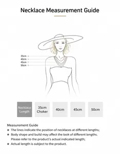 Detailed necklace length guide showing 35cm to 50cm positions on a female figure model