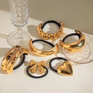 Stainless Steel Gold Hair Ties For Women Minimalist Bow Heart Metal Ponytail Holder Waterproof Low Sensitivity Hair Accessories