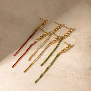 18k gold plated stainless steel tassel earrings with red white and green zircons