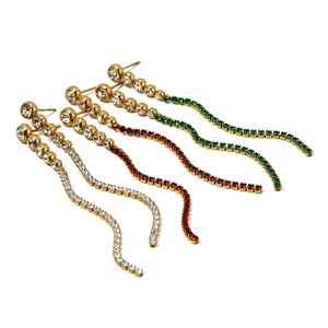 Set of 18k gold stainless steel tassel earrings with white red and green zircons