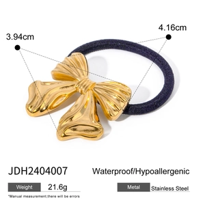 Polished gold stainless steel bow hair tie with durable blue elastic band for ponytails
