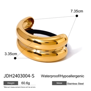Golden chunky stainless steel hair cuff with waterproof finish and product measurements