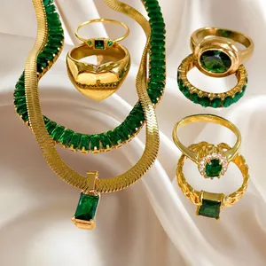 18K Gold Plated Stainless Steel Green Zirconia Rings Necklace Bracelet For Women Vintage INS Style Jewelry Fashion Gift