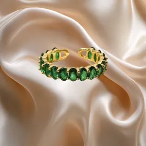18K gold stainless steel open ring featuring multiple inlaid green oval zircon stones