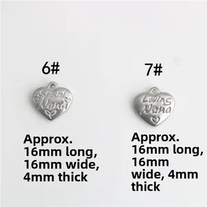 Detailed macro view of heart-shaped stainless steel pendants with Nana engravings