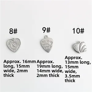 Detailed size specifications for stainless steel heart pendants with engraved text