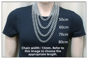 Size chart showing 13mm wide stainless steel Cuban chains in lengths 50cm to 80cm