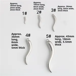 Detailed size comparison of five stainless steel Italian horn pendants for DIY jewelry
