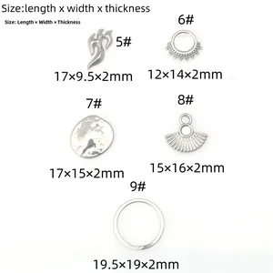 Size chart showing dimensions for five stainless steel hip-hop style jewelry pendants