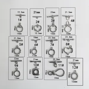 Size chart showing 12 different styles of stainless steel OT toggle clasps with dimensions