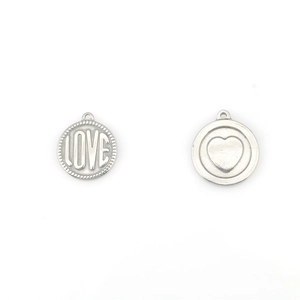 Polished stainless steel round pendants with LOVE text and heart patterns for DIY jewelry