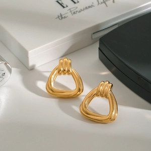 Luxury gold titanium steel triangle earrings with sleek textured design for a French style