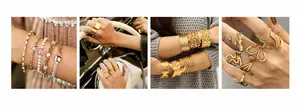 Collage de bagues et bracelets en acier inoxydable doré aux looks superposés élégants