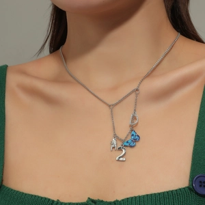 Elegant Alloy Multi Pendant Necklace Silver Butterfly Letter D Number 2 Hand Gesture Charms Forest Style Necklace Jewelry