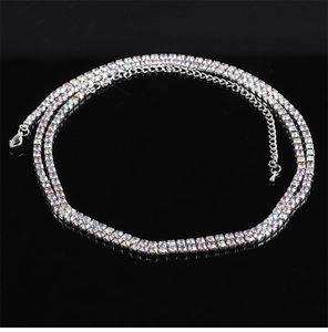 Detail of silver double-row AB crystal body chain with lobster clasp and extension