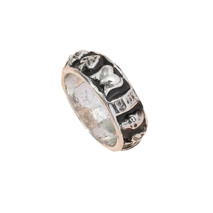Retro silver alloy wide ring with black enamel heart and skull gothic relief pattern