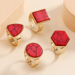 Four-piece adjustable gold alloy ring set with geometric red turquoise stones