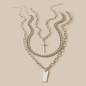 Multilayer silver chain necklace set featuring cross pendant and ruler engraved metal tag