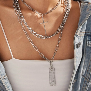 Multi-Layered Alloy Cross Ruler Pendants Chunky Chain Necklace Group For Men Women Silver Color Minimalist Jewelry