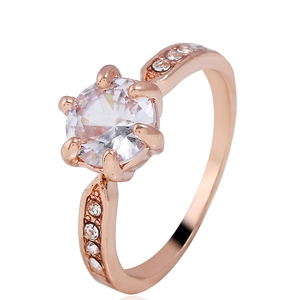 Elegant rose gold zircon ring featuring a round solitaire stone in a six-prong setting