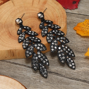 Elegant fan-shaped leaf drop earrings with grey rhinestones in dark vintage style