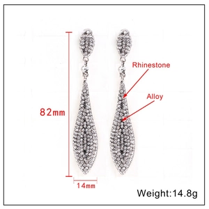 Detailed size specifications of long tassel rhinestone earrings with alloy base measurements
