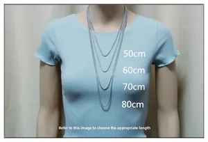 Size guide showing stainless steel guitar pick necklace lengths from 50cm to 80cm on a model