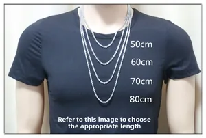 Men necklace length chart showing 50cm to 80cm steel chain sizes on male model