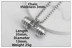 Polished stainless steel dumbbell pendant necklace with a 3mm box chain for fitness fans