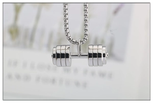 Polished stainless steel dumbbell pendant necklace on a sleek chain for fitness lovers