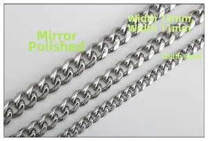 Mirror polished stainless steel Cuban link chains for men and women in 8mm 11mm and 13mm widths