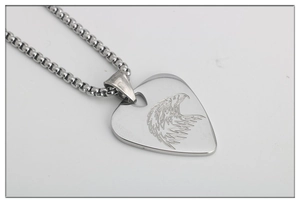 Stainless steel guitar pick necklace featuring an eagle engraving and sturdy box chain
