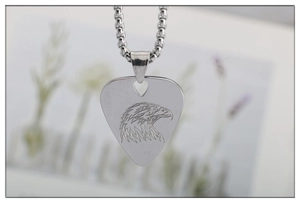 Stainless steel guitar pick necklace featuring an eagle head engraving on a box chain
