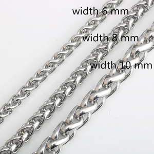 Cadenas de trigo de acero inoxidable plateado en anchos de 6mm, 8mm y 10mm para unisex