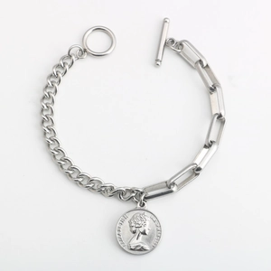 Bracelet Pendentif Pièce Reine Elizabeth II en Acier Inoxydable Vintage Boucle OT Fermoir à Bascule Bijoux Unisexe