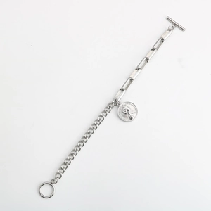 Bracelet en acier inoxydable argenté avec fermoir OT, pendentif pièce reine et chaîne trombone