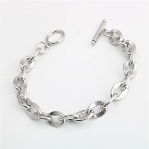 Close-up of polished stainless steel chunky O-chain bracelet with classic OT buckle