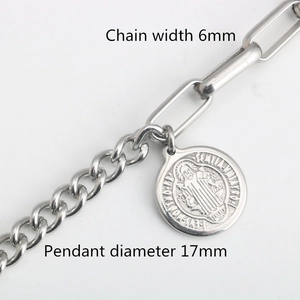 Pulsera medalla San Benito plateada con cadena mixta de 6mm y cierre de barra