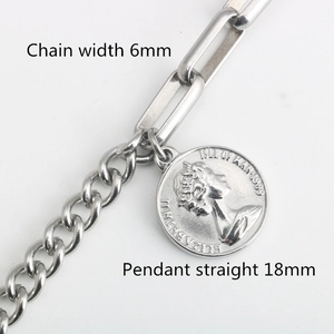 Bracelet en acier inoxydable argenté avec pendentif pièce Elizabeth II, fermoir OT, 18mm