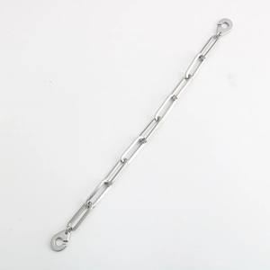 Modern stainless steel paperclip link bracelet with secure metal clasp on white background