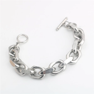 Pulsera unisex de cadena gruesa de acero inoxidable plateado con cierre de barra en T
