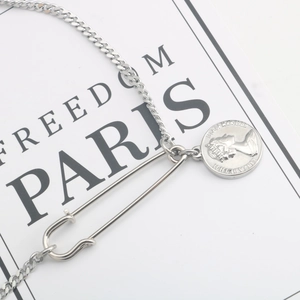 Retro Silver Titanium Steel Safety Pin And Coin Pendant Necklace For Men Women Punk Curb Link Chain Fashion Jewelry Necklaces